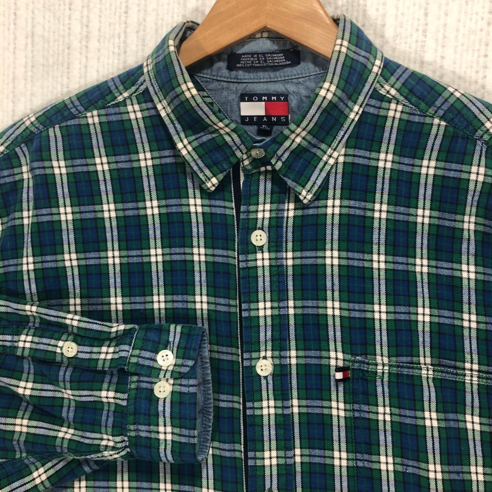 Vintage 90s Tommy Jeans Plaid Shirt Mens XL Green‎ Blue Button Down Flag Logo
